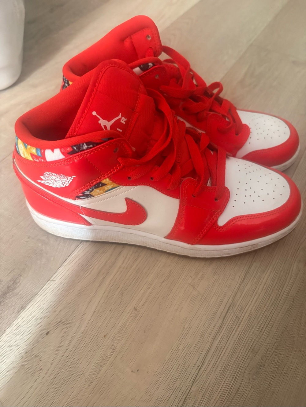 Jordan Kids High-Top Sneakers in Red and White with Multicolor Collar